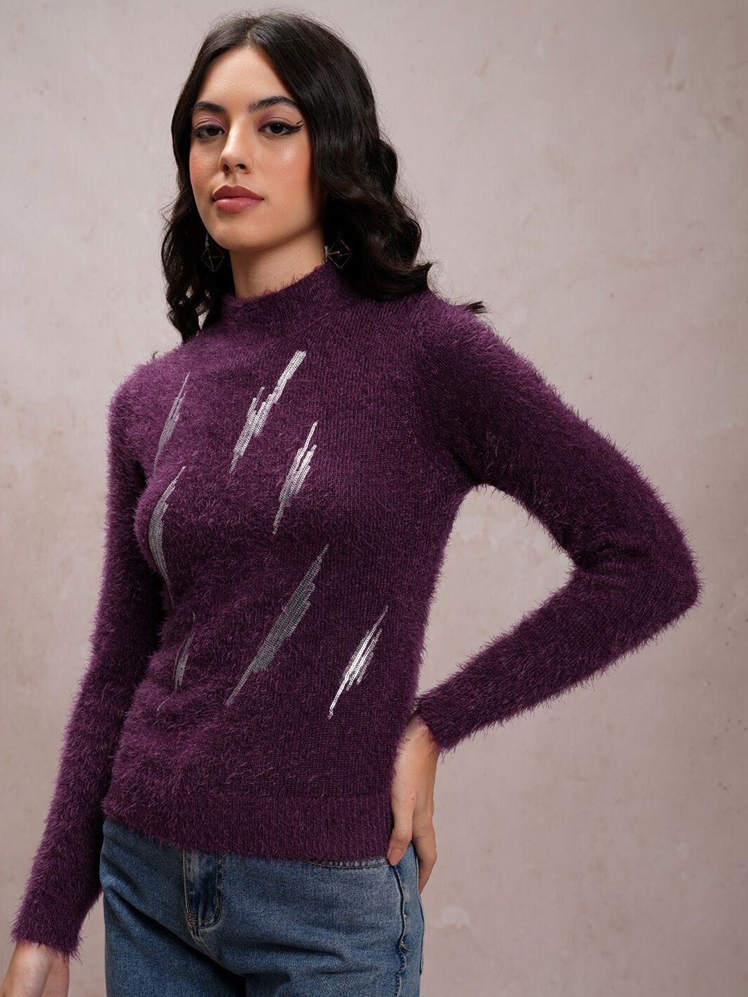 Tokyo Talkies Purple Embellished High Neck Acrylic Pullover
