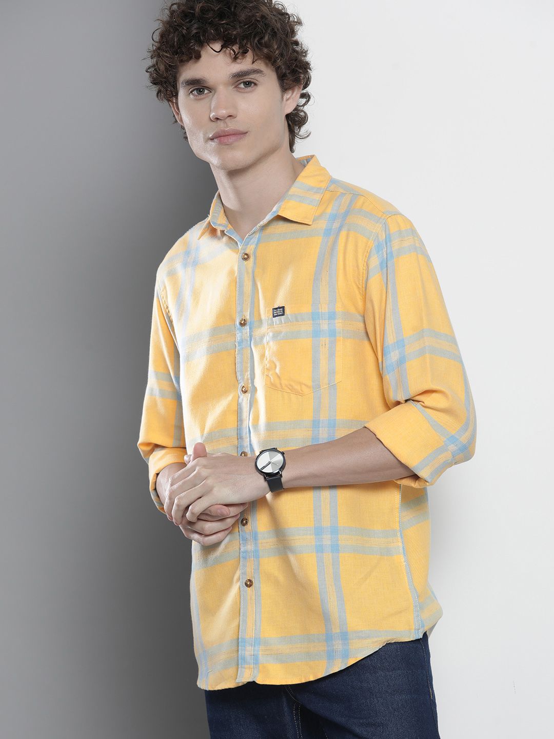 The Indian Garage Co Men Yellow & Blue Checked Pure Cotton Casual Shirt