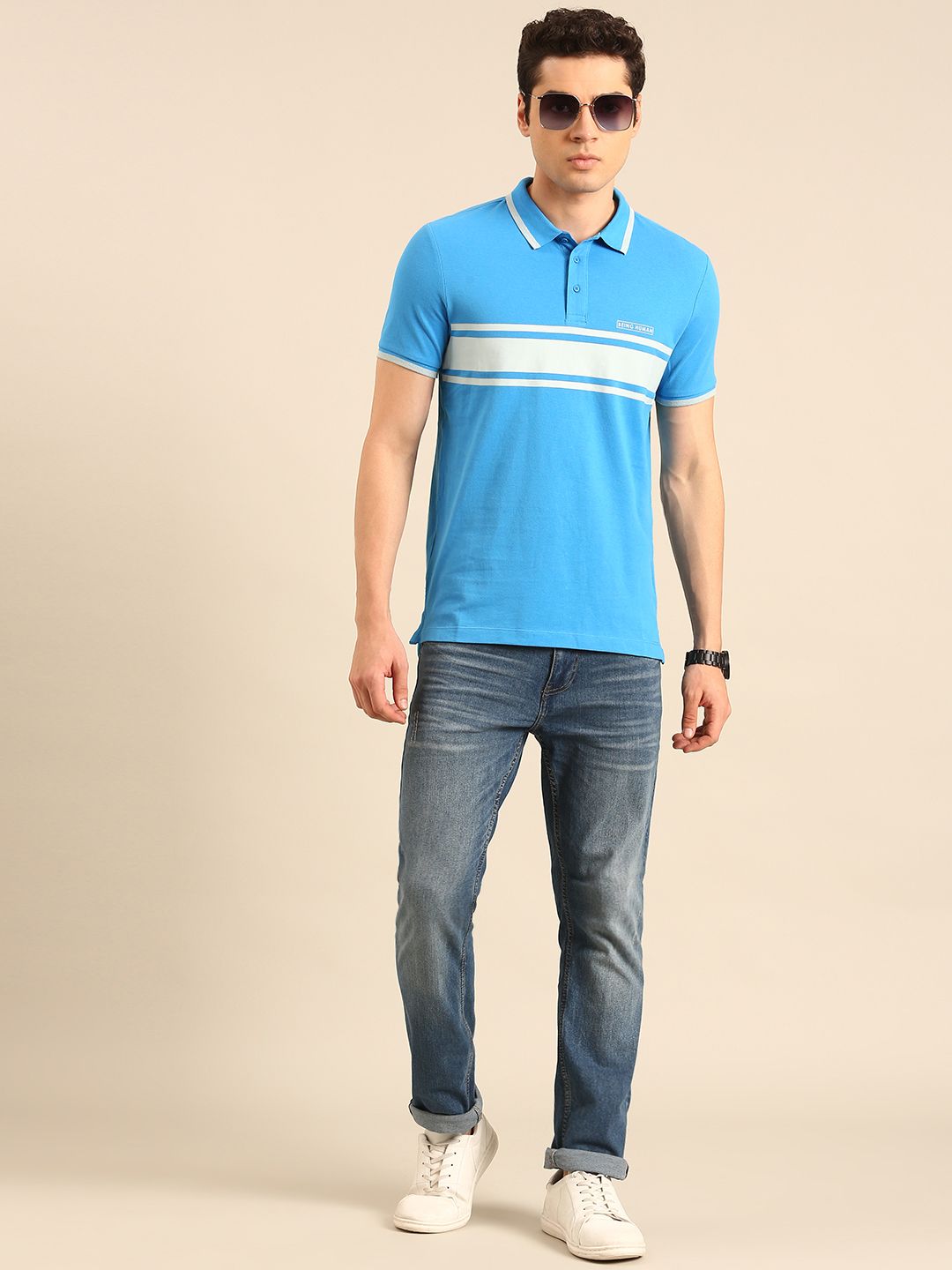 Being Human Striped Polo Collar Pure Cotton T-shirt