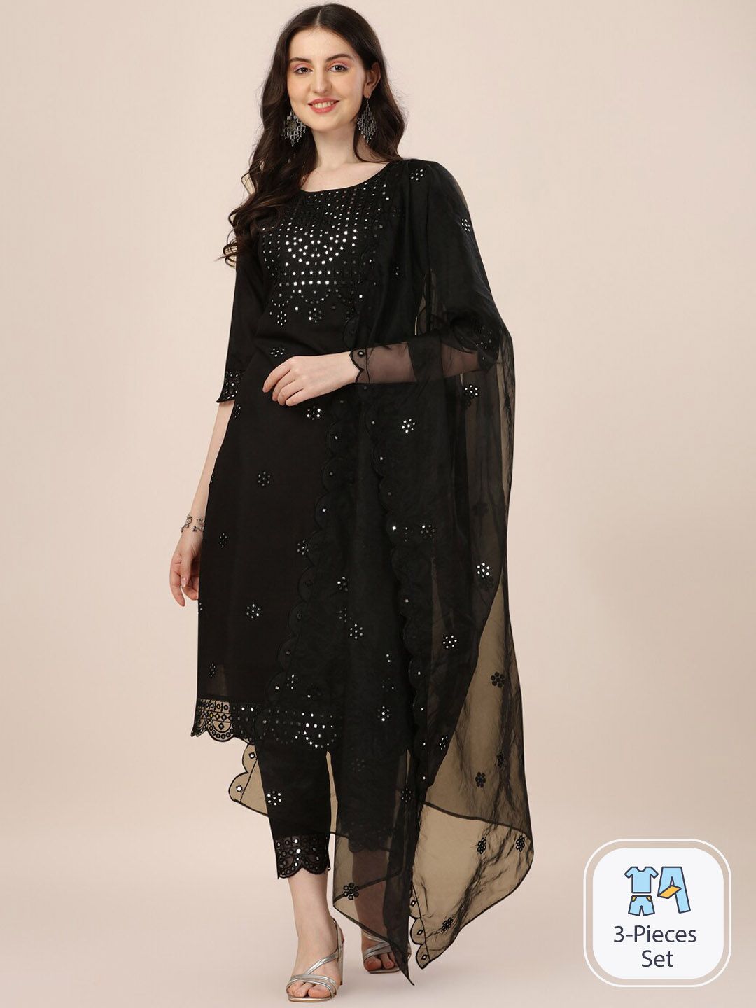 KALINI Embroidered Mirror Work Chanderi Cotton Kurta With Trousers & Dupatta