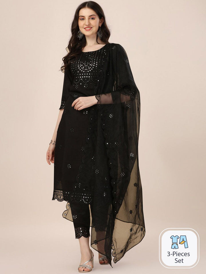 KALINI Embroidered Mirror Work Chanderi Cotton Kurta With Trousers & Dupatta