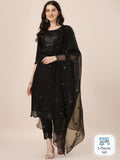 KALINI Embroidered Mirror Work Chanderi Cotton Kurta With Trousers & Dupatta