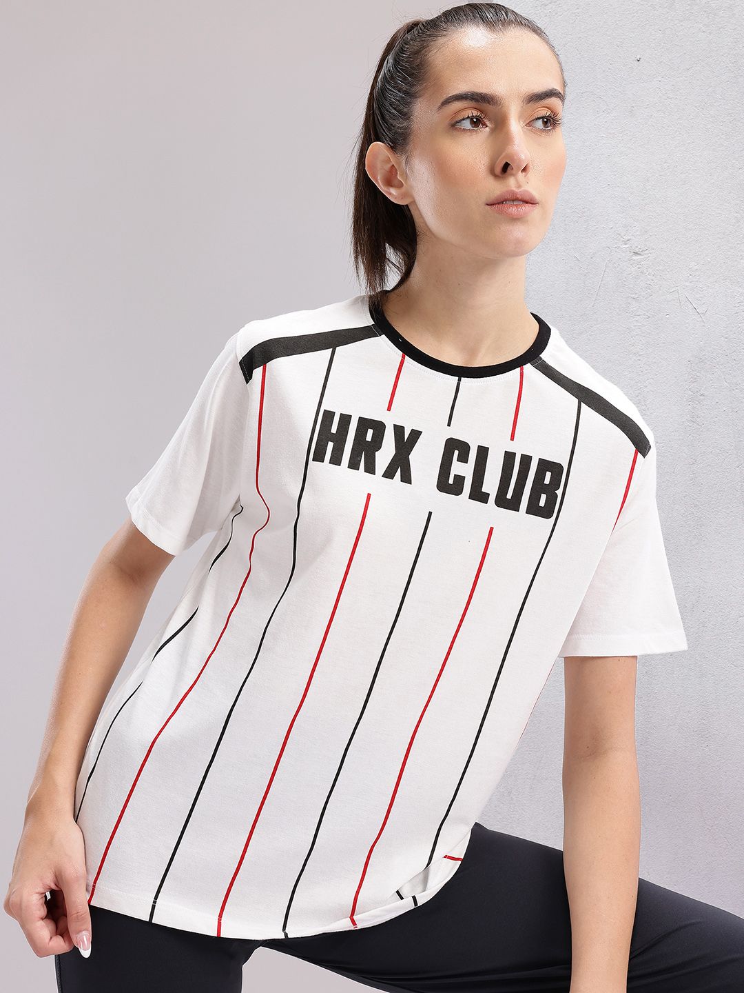 HRX by Hrithik Roshan Women Brand Logo Printed Striped T-shirt