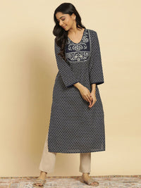 W Geometric Printed Yoke Design V neck Straight Kurta