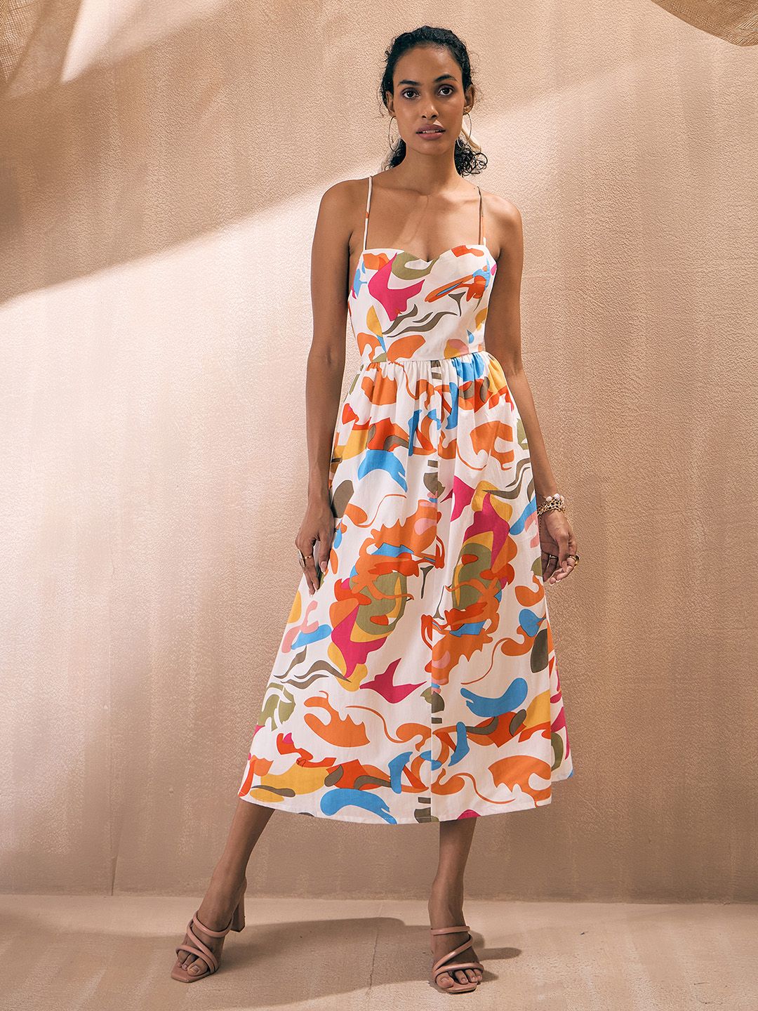 Pink Paprika by SASSAFRAS Abstract Printed Shoulder Straps Poplin Fit & Flare Midi Dress