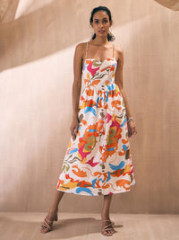 Pink Paprika by SASSAFRAS Abstract Printed Shoulder Straps Poplin Fit & Flare Midi Dress