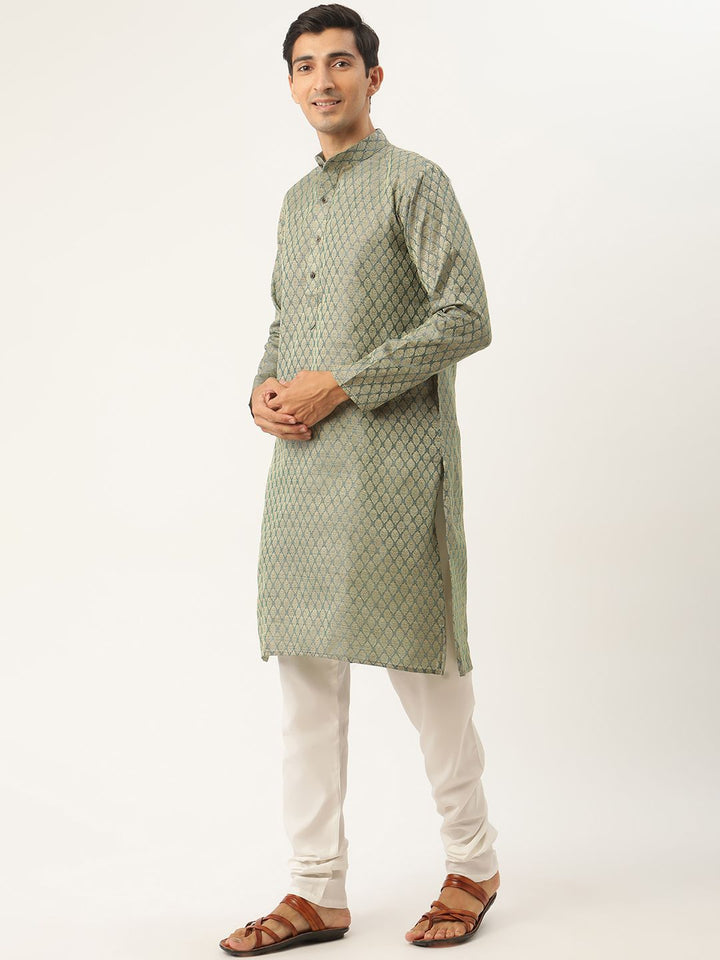 SOJANYA Men Green & Mustard Yellow Ethnic Motifs Kurta with Churidar & Nehru Jacket