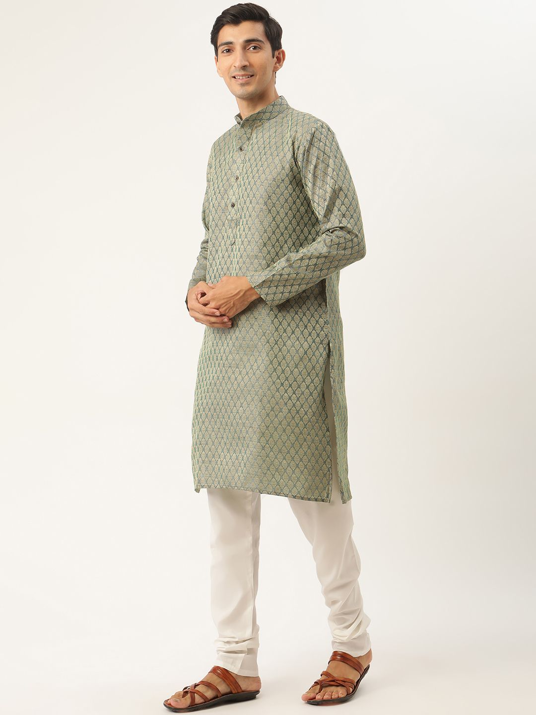 SOJANYA Men Green & Mustard Yellow Ethnic Motifs Kurta with Churidar & Nehru Jacket