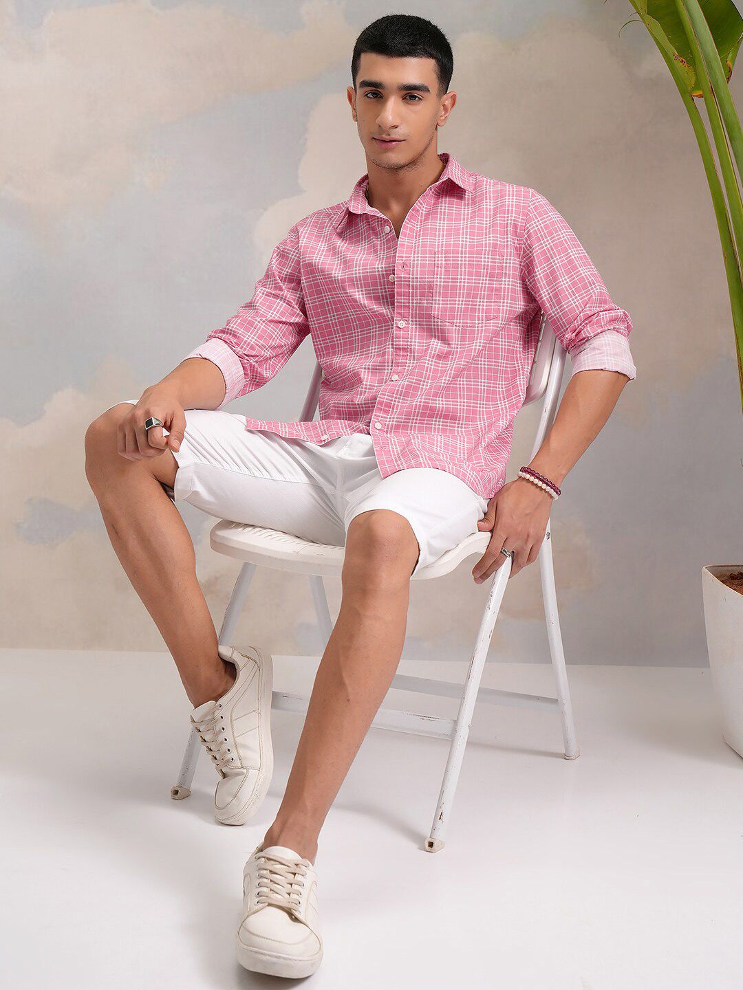 HIGHLANDER Classic Pink Slim Fit Tartan Checked Spread Collar Cotton Casual Shirt