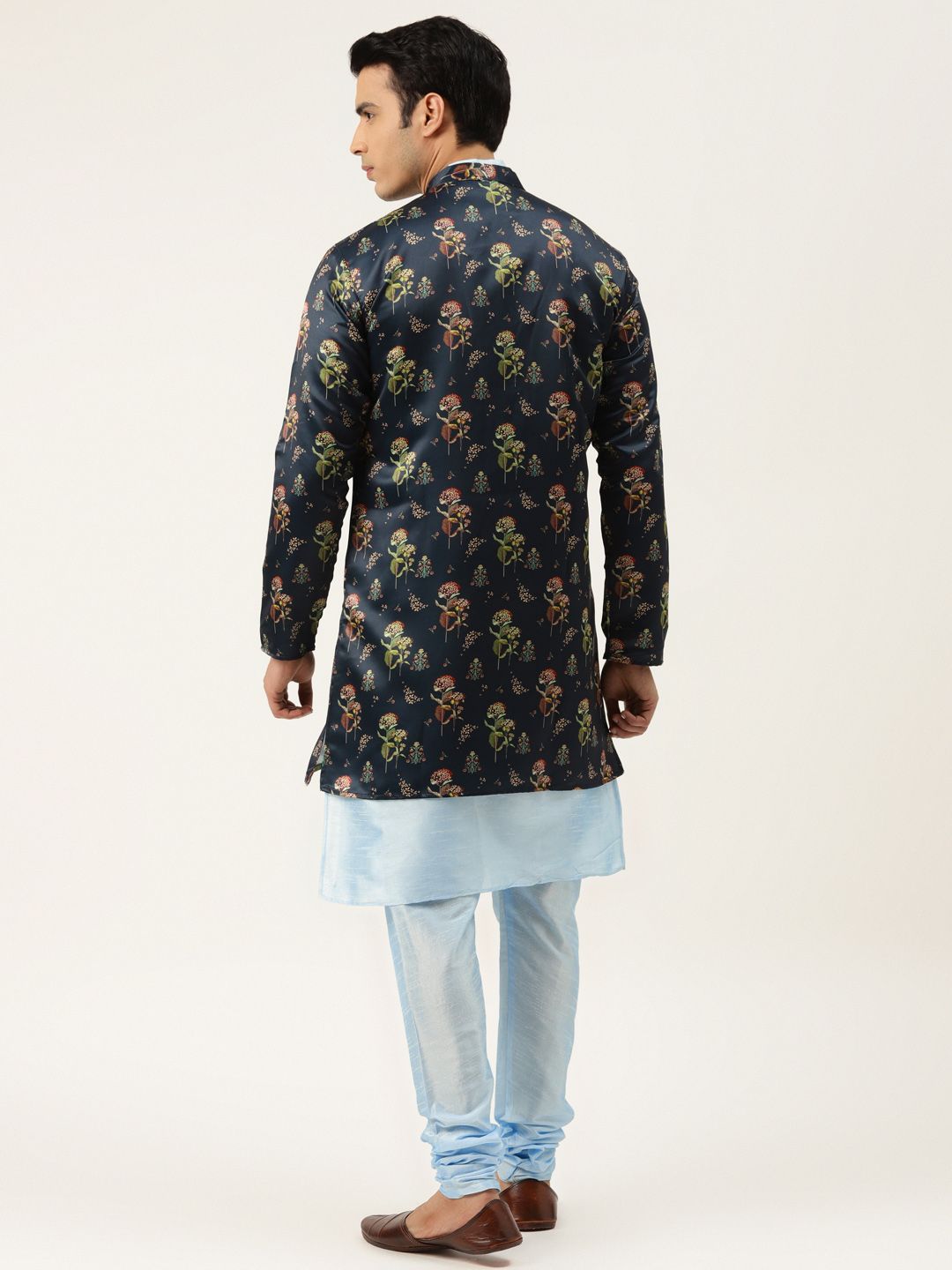 SOJANYA Set Kurta Solid Biru Lelaki Dengan Jaket Bercetak