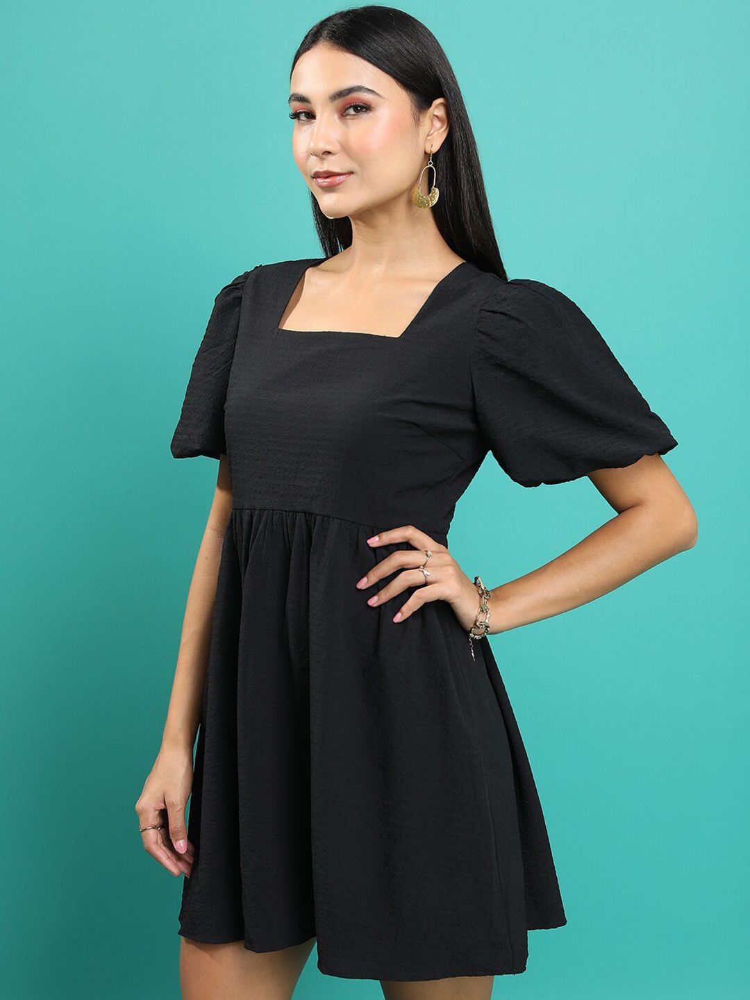 Tokyo Talkies Square Neck Puff Sleeve Gathered Fit & Flare Dress