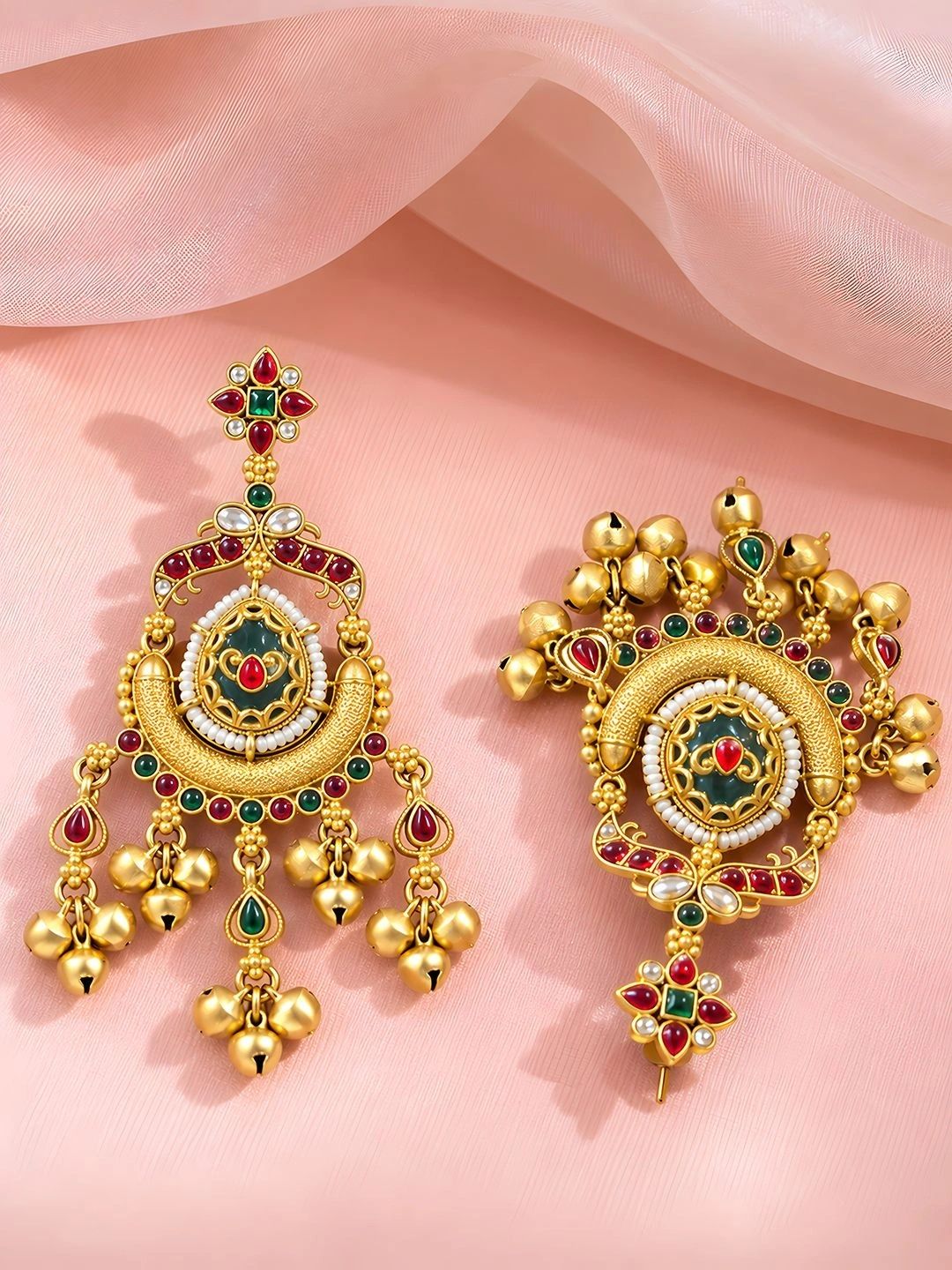 Gold-Toned Multi-Coloured Meenakari Kashmiri Style Kundan Ghungroo Drop Earrings