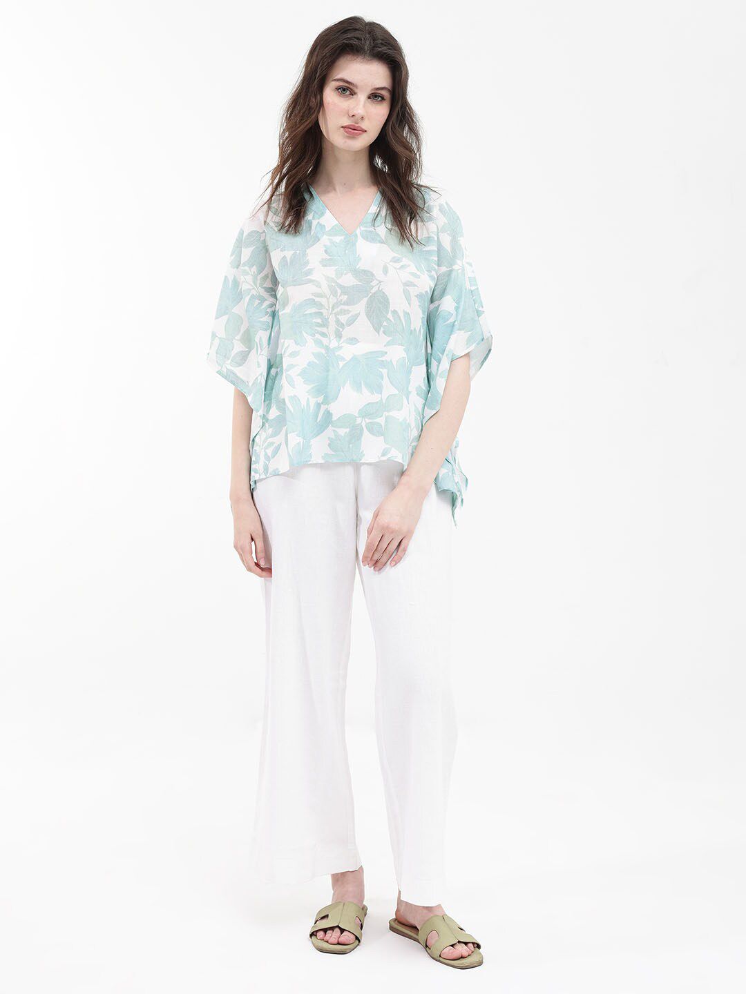 RAREISM Floral Print Flared Sleeve Linen Kaftan Top