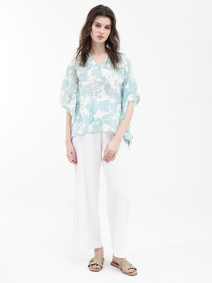 RAREISM Floral Print Flared Sleeve Linen Kaftan Top
