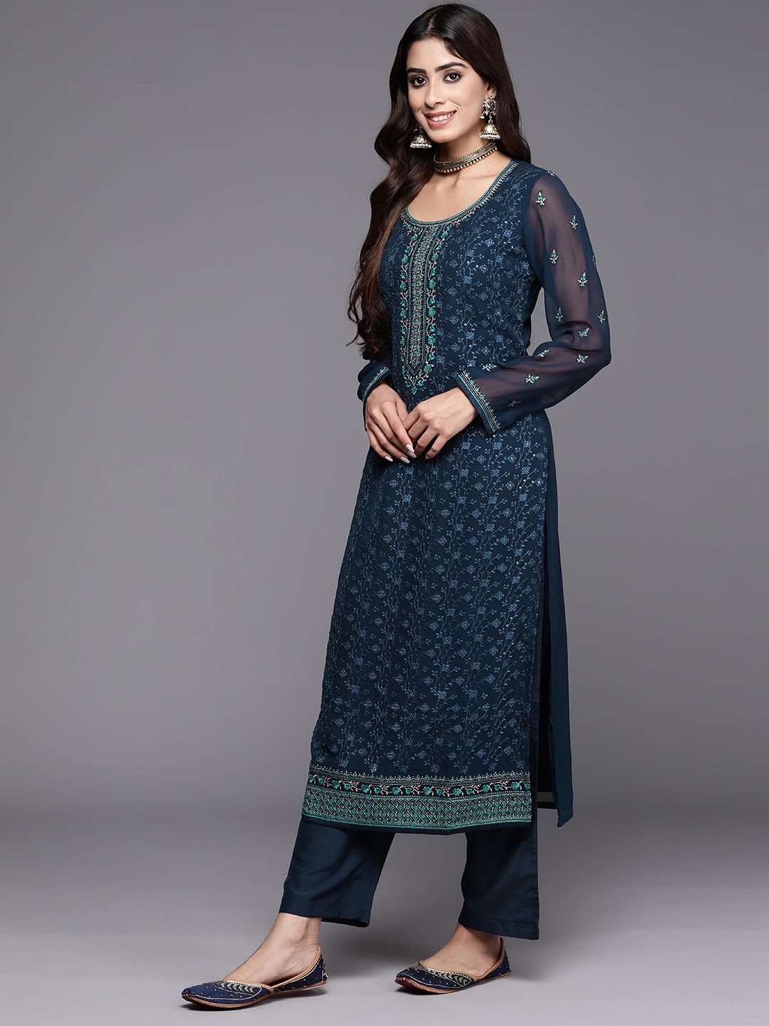 Libas Floral Embroidered Regular Mirror Work Kurta with Trousers & Dupatta