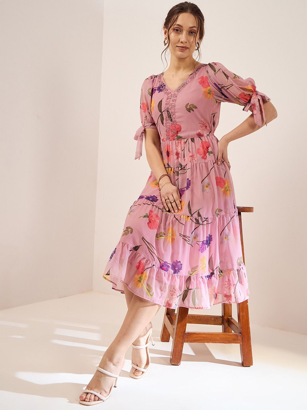 Antheaa Floral Printed V-Neck Puff Sleeves Beads Detail Chiffon Fit & Flare Dress