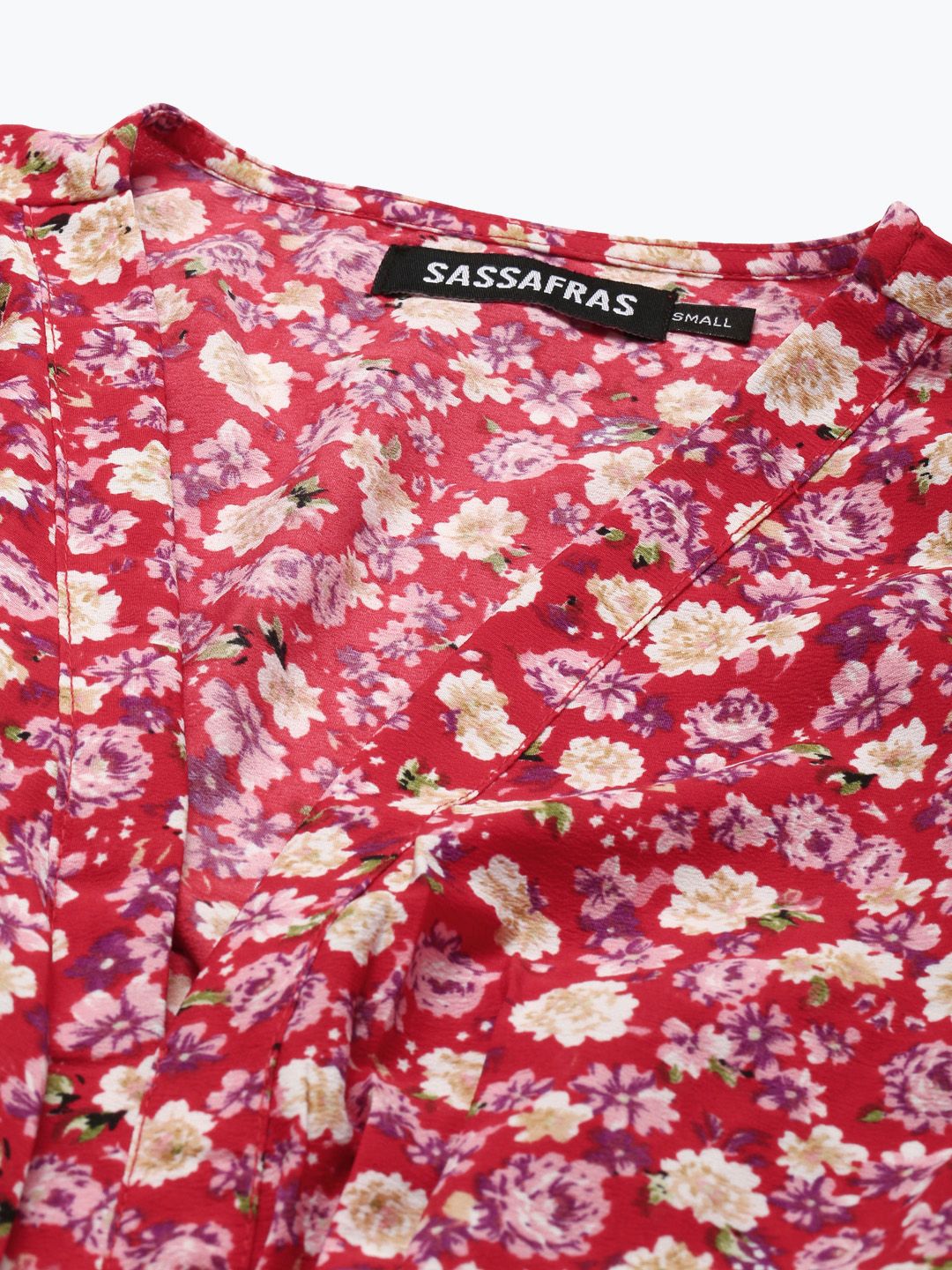 SASSAFRAS Red & Beige Floral Waist Cut-Out Maxi Dress