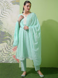 Vishudh Green Embroidered Notch Neck Pure Cotton A-Line Kurta With Trousers & Dupatta