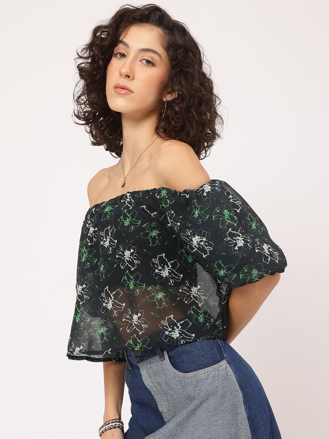 DressBerry Printed Sheer Slay Bardot Top