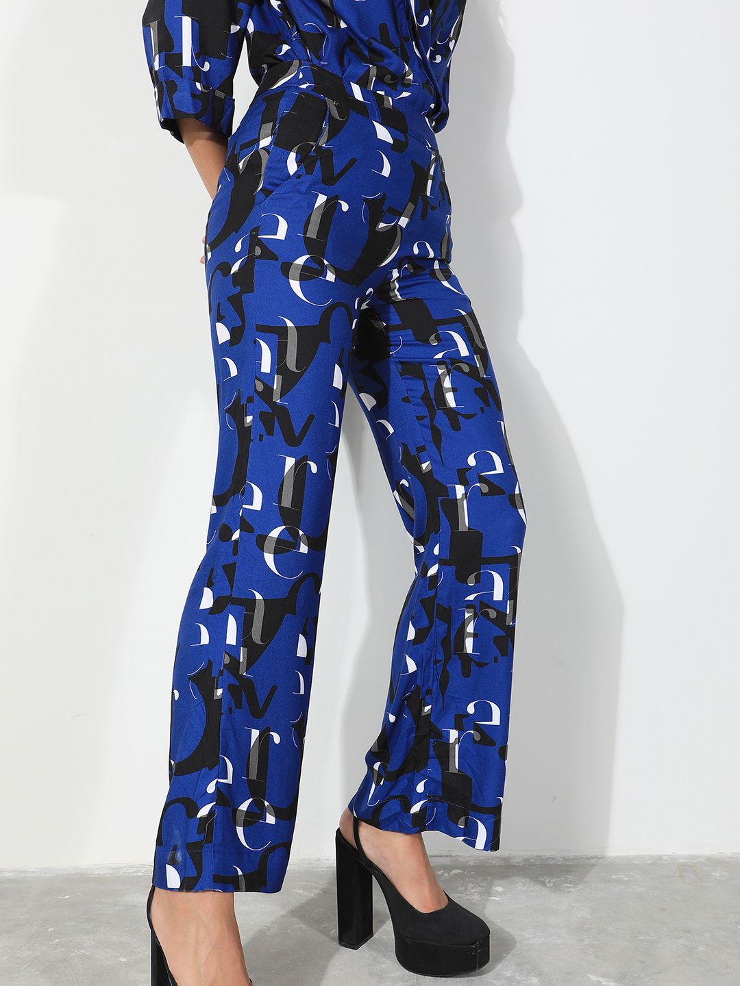 RAREISM Women Typography Printed Slim Fit High-Rise Cotton Parallel Trousers