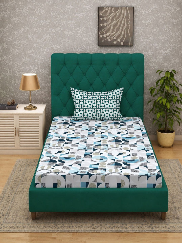 Myntra Elegant Homes White & Blue Geometric 300 TC Single Bedsheet with 1 Pillow Covers