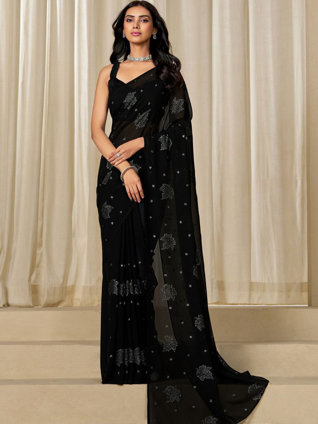 KALINI Georgette Zari Embellished Party Wear Saree With Unstitched Blouse Piece