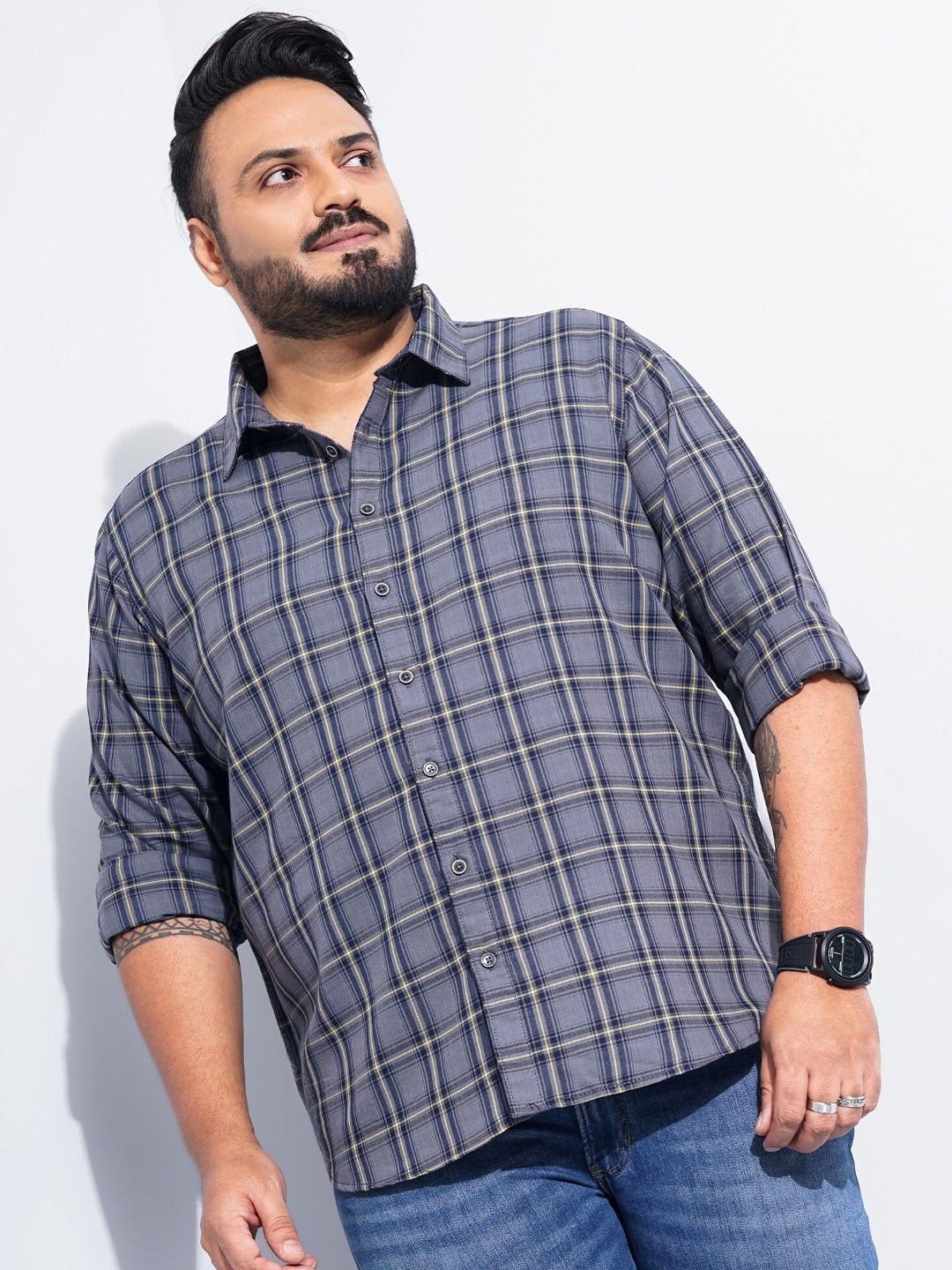 The Indian Garage Co Plus Size Windowpane Checked Cotton Casual Shirt