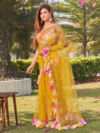 Tikhi Imli Yellow Embellished Mirror Work Net Ruffle Saree