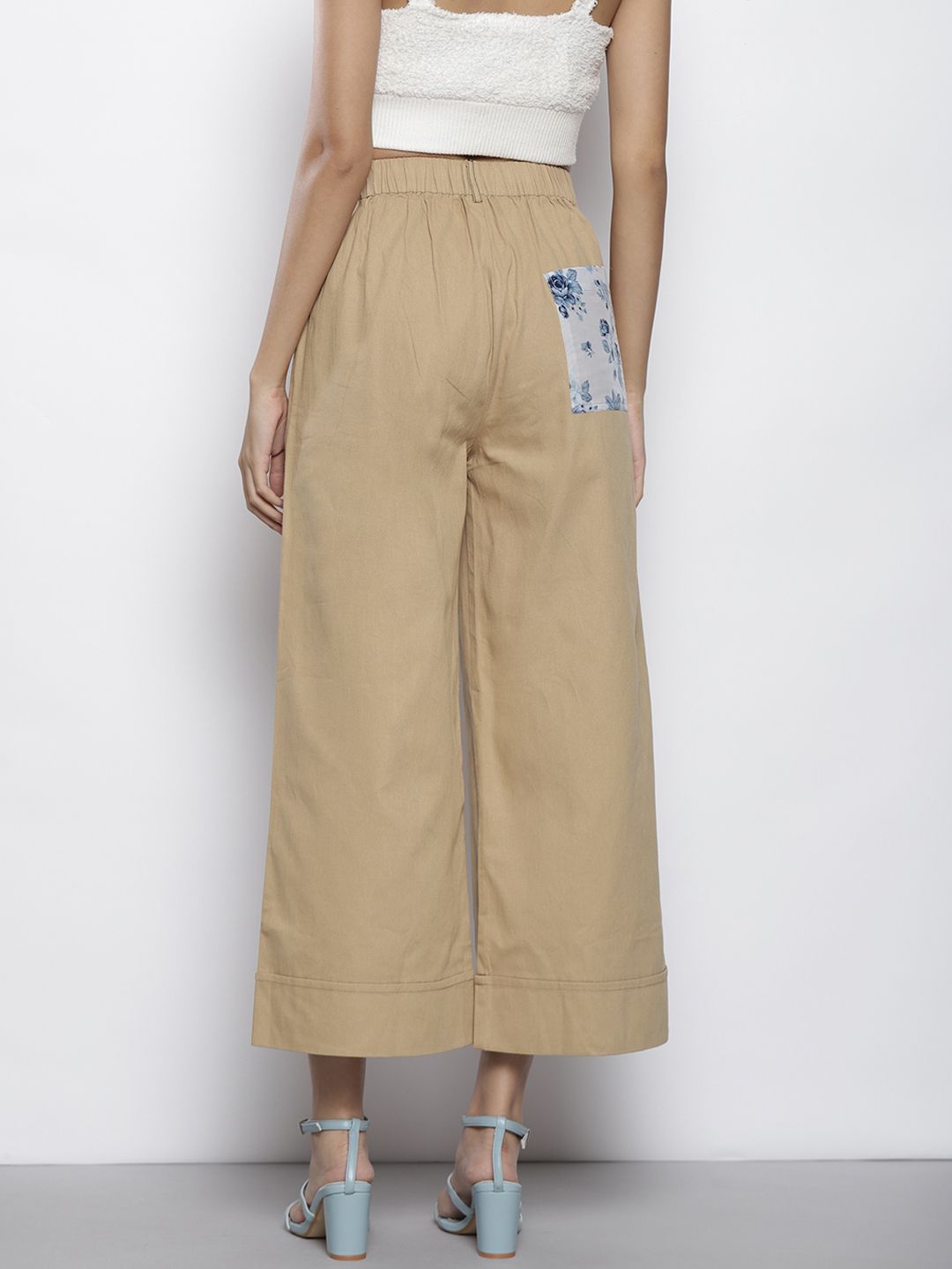 SASSAFRAS Women Khaki Floral Printed Comfort Loose Fit Easy Wash Cotton Parallel Trousers