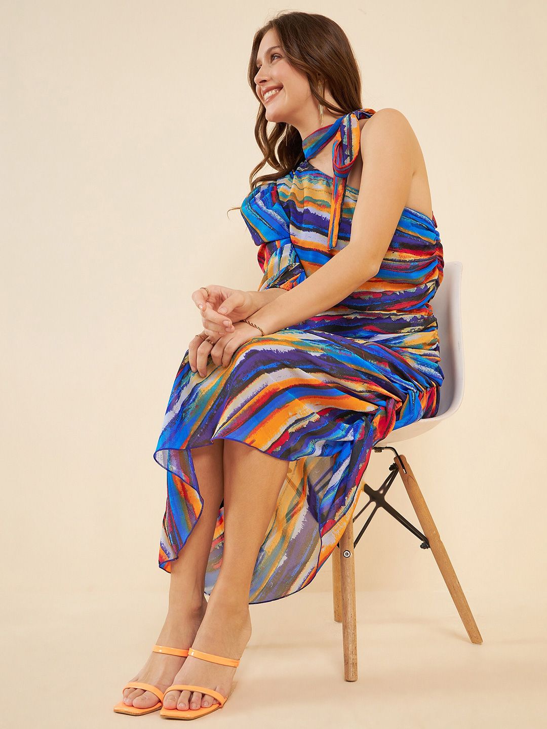 Antheaa Blue Abstract Printed One Shoulder Puff Sleeves Ruched Georgette A-Line Midi Dress