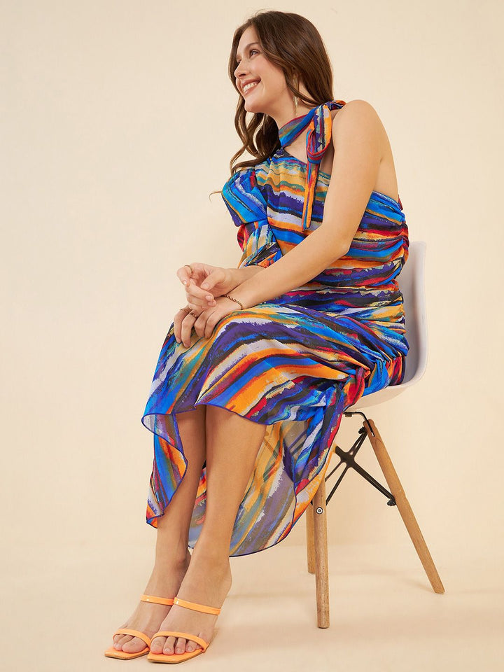 Antheaa Blue Abstract Printed One Shoulder Puff Sleeves Ruched Georgette A-Line Midi Dress