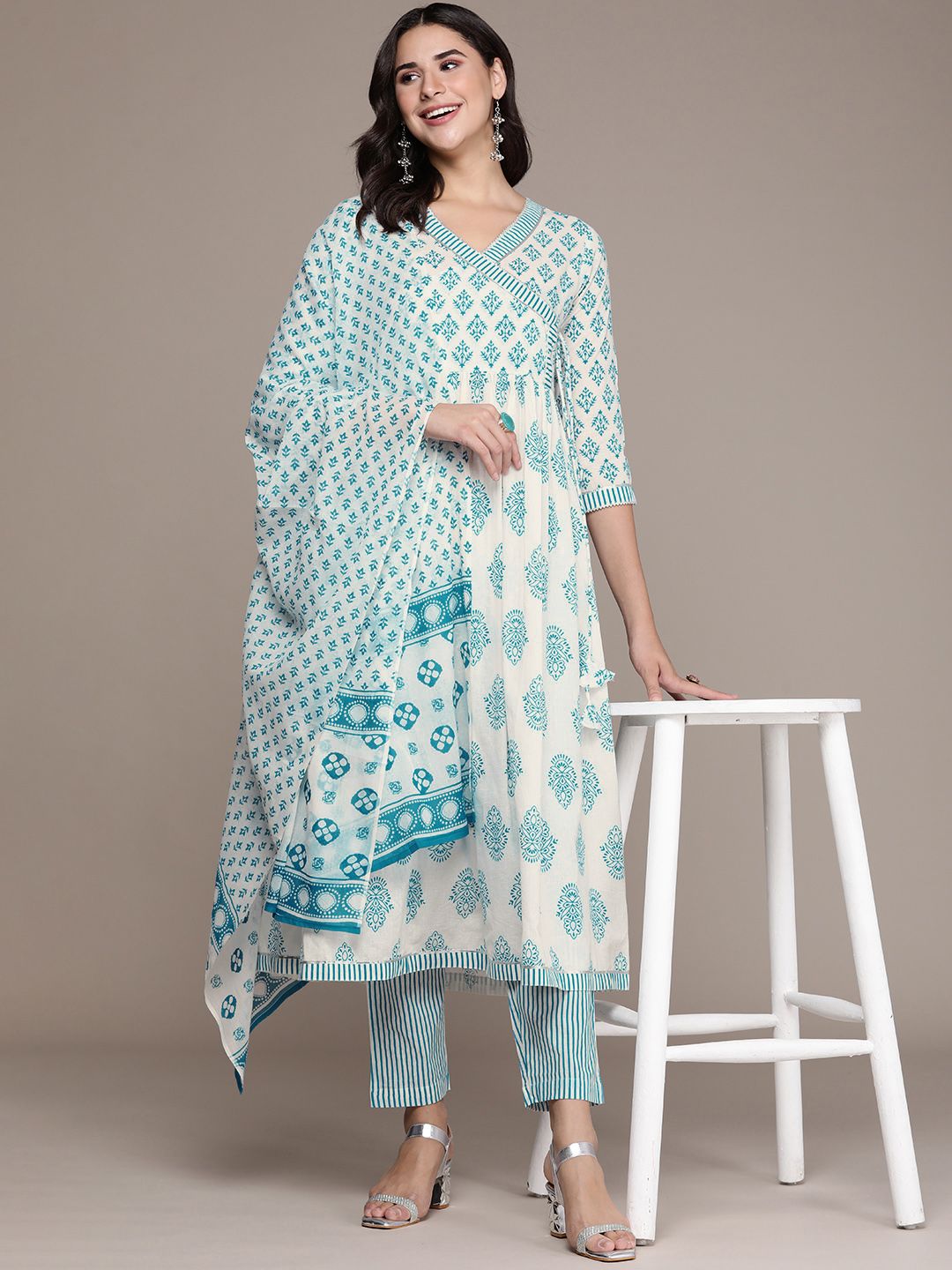 Anouk Women Floral Printed Angrakha Gotta Patti Cotton Kurta with Trousers & Dupatta