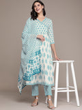 Anouk Women Floral Printed Angrakha Gotta Patti Cotton Kurta with Trousers & Dupatta