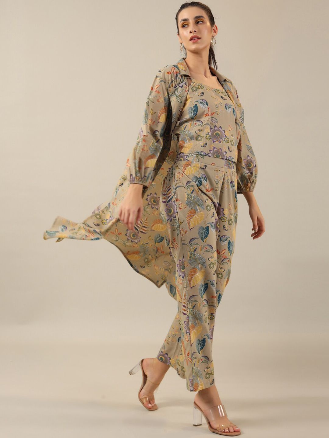 SANSKRUTIHOMES Beige Printed Pure Cotton Top With Trouser & Jacket