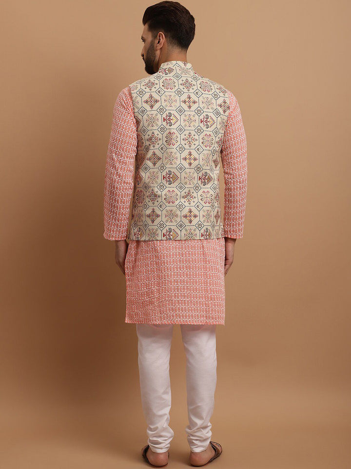 SOJANYA Ethnic Motifs Embroidered Pure Cotton Kurta With Pyjamas & Nehru Jacket