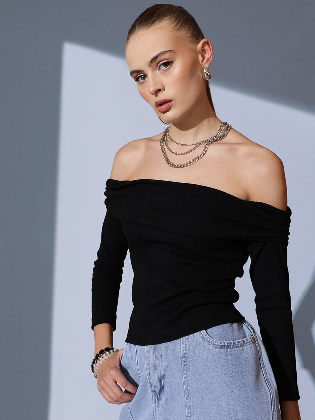 STREET 9 Off-Shoulder Solid Pure Cotton Bardot Top