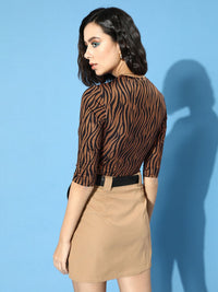 STREET 9 Women Chic Brown Animal Printed Bodysuit Top