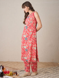 Indo Era Floral Printed V-Neck Pure Cotton Straight Kurta With Trousers