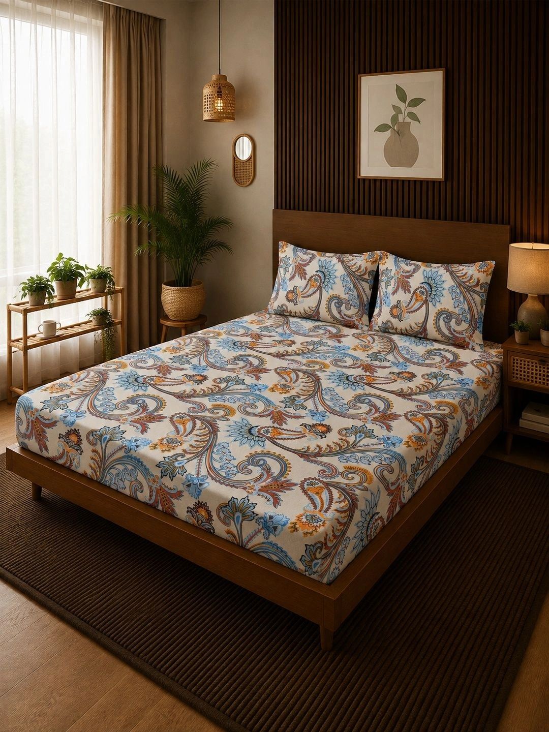 Moda Rapido X KLOTTHE Cream-Coloured & Orange Floral 300 TC King Bedsheet with 2 Pillow Covers