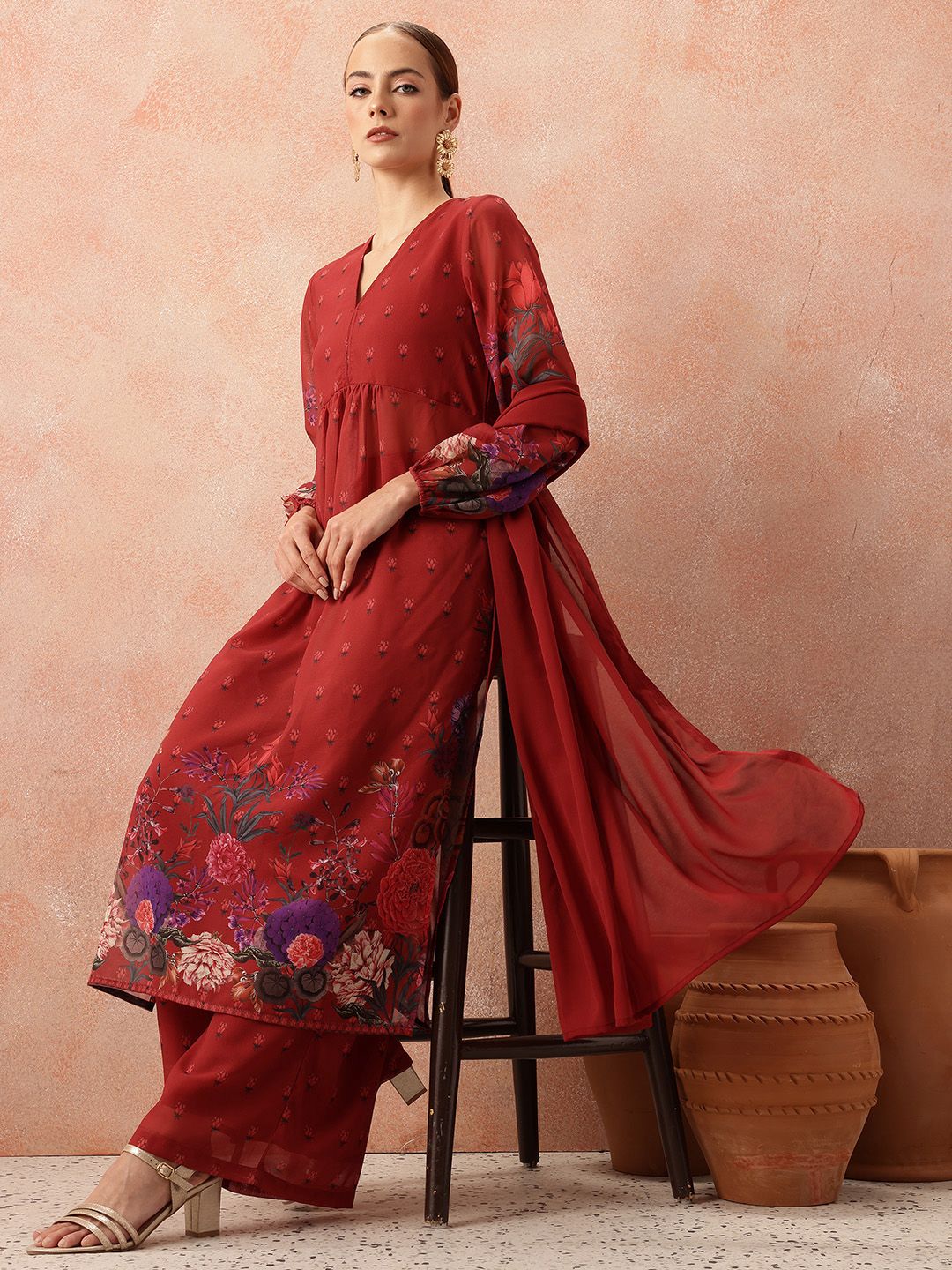 all about you Women Floral Printed Pleated Kurta with Trousers & Dupatta