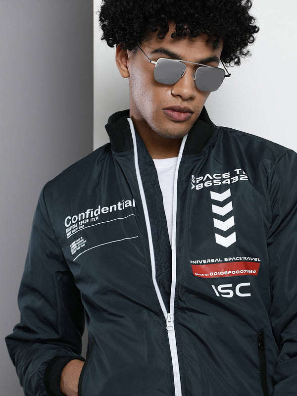 The Indian Garage Co Men Navy Blue Typography Bomber Jacket
