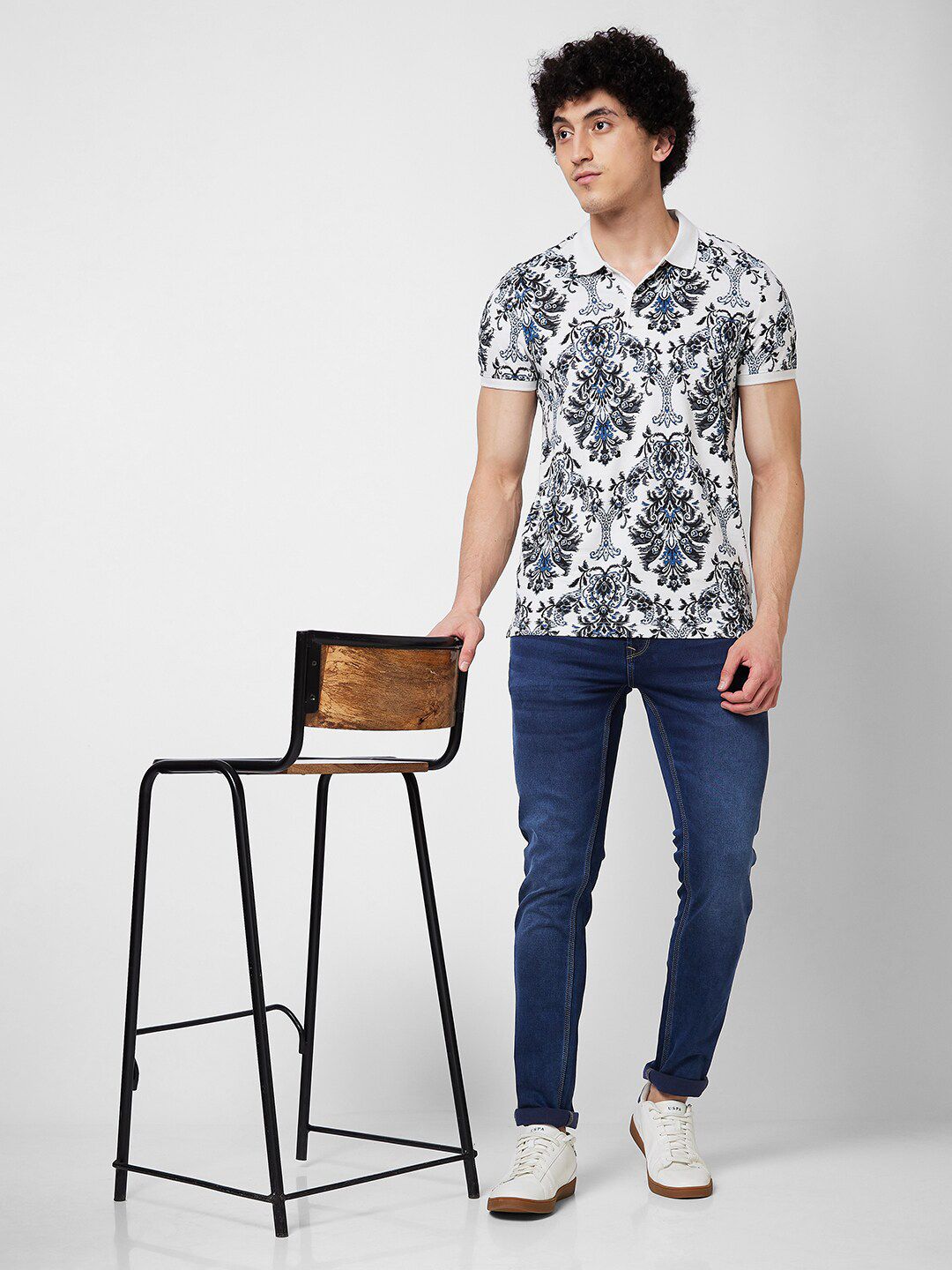 SPYKAR Abstract Printed Polo Collar Pure Cotton Slim Fit T-shirt