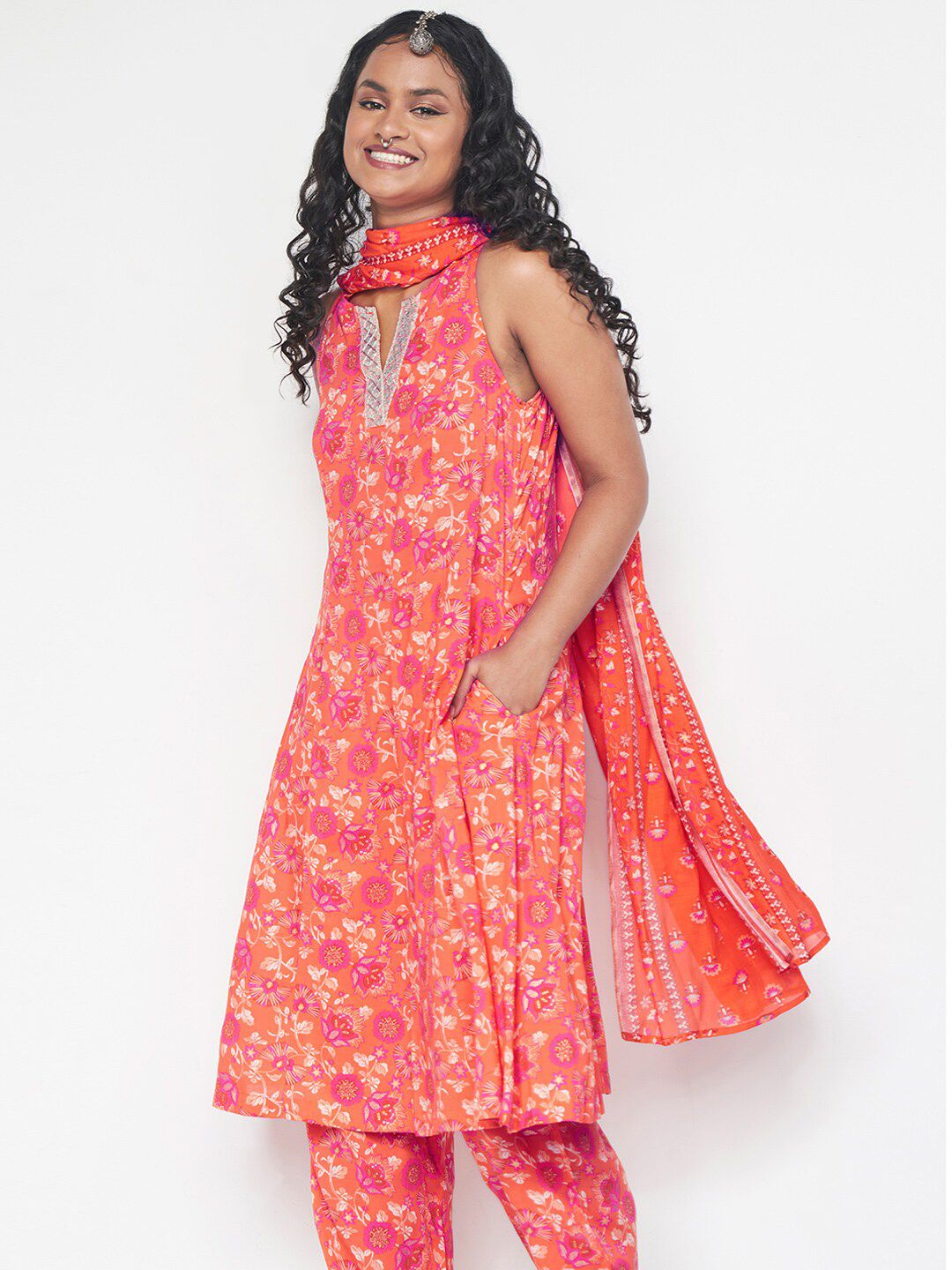 Global Desi Floral Printed Kurta with Trousers & With Dupatta