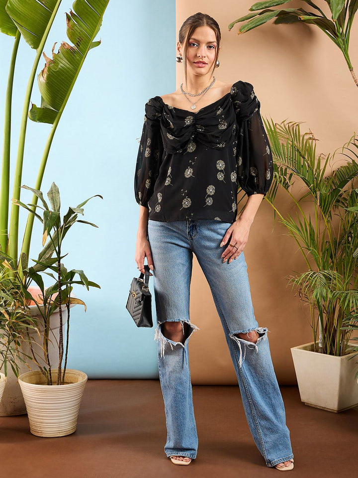 SASSAFRAS Floral Printed Puff Sleeve Tropical Georgette Top