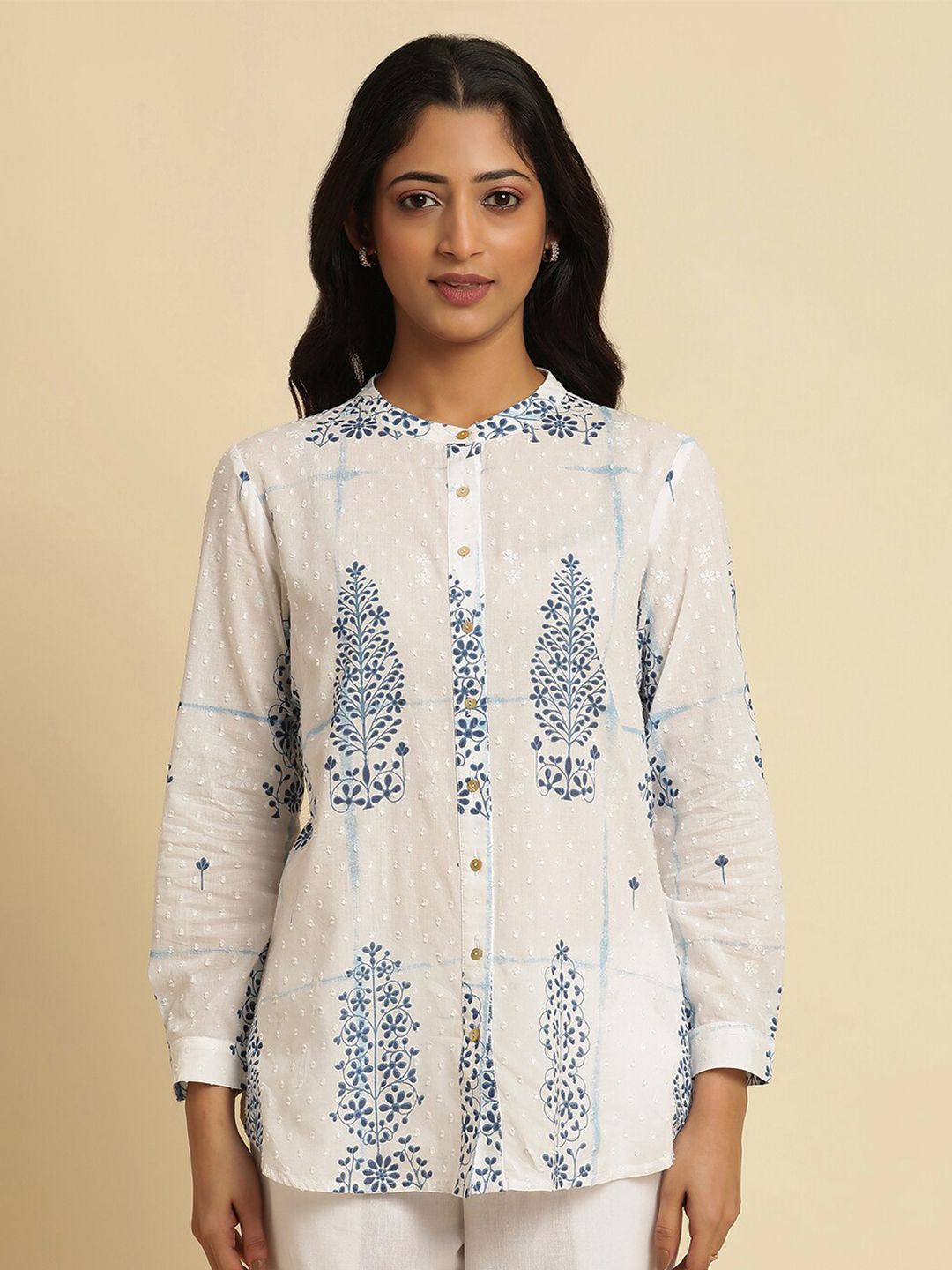 W Ethnic Motifs Printed Pure Cotton Shirt Style Top