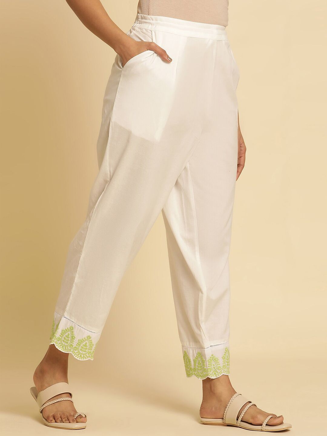 W Women Straight Fit Pleated Pure Cotton Ethnic Trousers