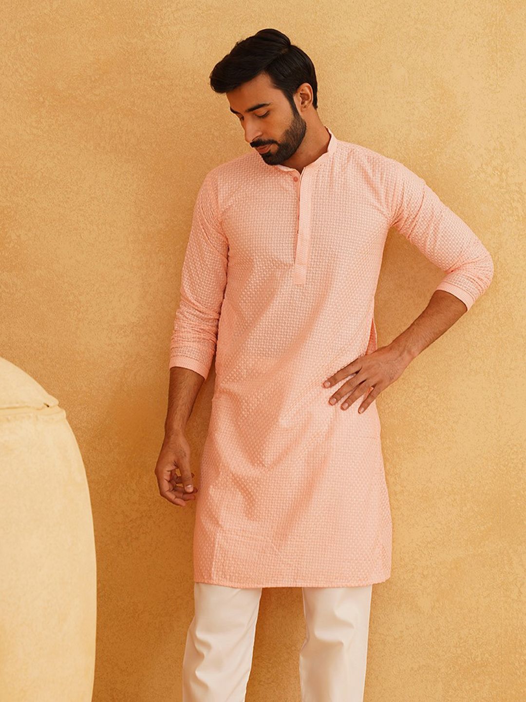 SOJANYA Geometric Embroidered Mandarin Collar Straight Pure Cotton Kurta