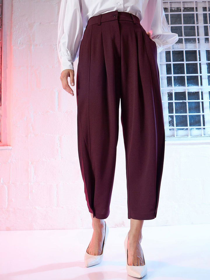 SASSAFRAS Women Burgundy Mid-Rise Pleated Culottes Trousers