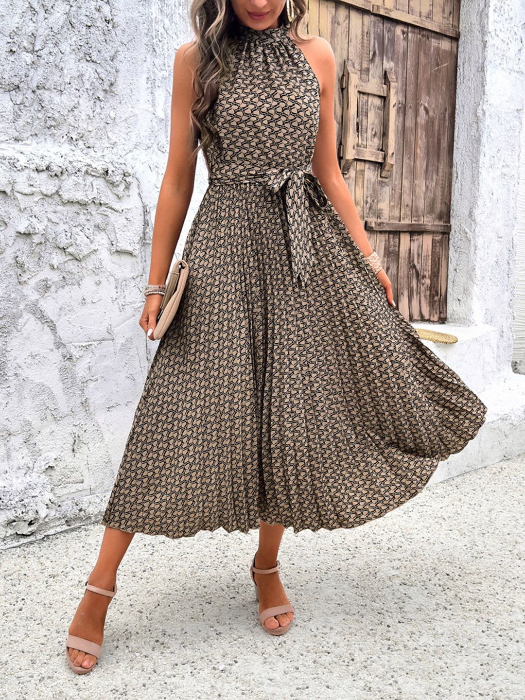 all about you Abstract Printed Halter Neck Fit & Flare Midi Dress