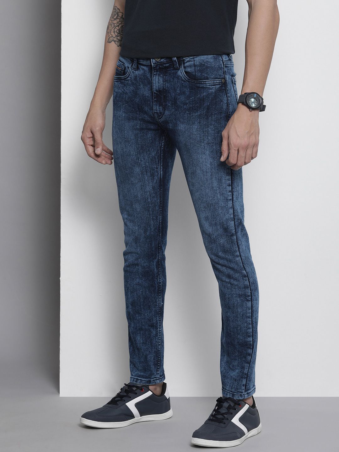 The Indian Garage Co Men Navy Blue Skinny Fit Heavy Fade Stretchable Jeans